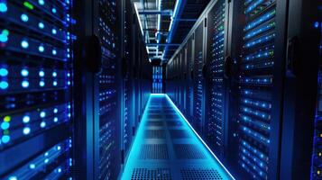 A vibrant data center corridor showcasing illuminated server racks and technology infrastructure photo