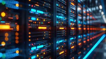 Futuristic data center showcasing illuminated server racks with vibrant lights and technology photo