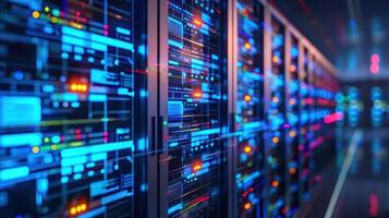 High-tech server room with illuminated racks showcasing data processing technology photo