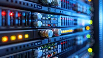 Close-up view of server racks displaying colorful lights and controls in a data center environment photo