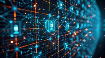 Abstract digital network with glowing lock icons representing cybersecurity and data protection photo