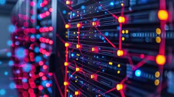 Abstract representation of a data center with illuminated server connections and vibrant colors photo