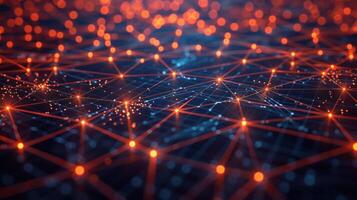 Abstract representation of a digital network with glowing nodes and connections in a dark space photo