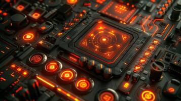 Abstract close-up of a high-tech circuit board with glowing orange elements and intricate details photo