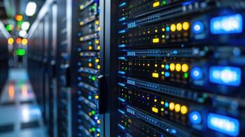 Close-up view of server racks in a data center with illuminated indicators and cables photo