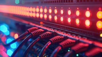 Close-up of illuminated network cables and lights on a server rack in a data center photo