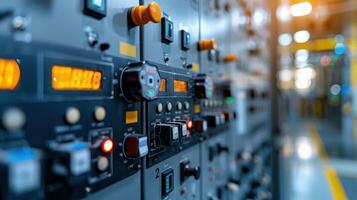 Control panel with illuminated buttons and gauges in a modern industrial setting photo