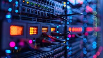 Close-up view of illuminated server racks showcasing data processing technology in a data center photo