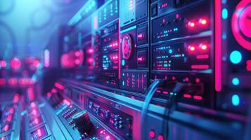 Futuristic server room with glowing lights and complex technology, showcasing data processing photo