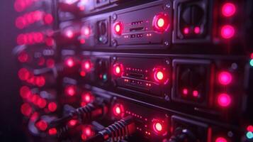 Close-up of illuminated server racks with red lights in a data center, showcasing technology in action photo