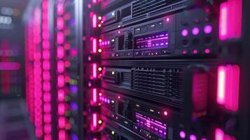 Close-up view of illuminated server racks in a data center showcasing advanced technology photo