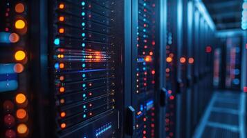 Data center with illuminated server racks showcasing advanced technology and connectivity photo