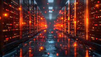 Futuristic data center corridor illuminated by glowing lights and reflections on the floor photo