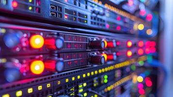Close-up view of illuminated server racks showcasing vibrant LED indicators and cables photo
