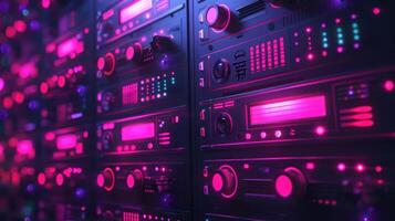Futuristic data center with vibrant neon lights and intricate server technology in action photo