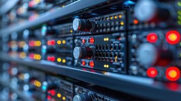 Close-up view of server racks with illuminated indicators and controls in a data center photo