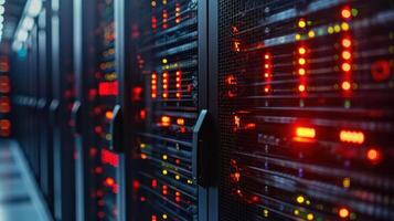 Close-up view of illuminated server racks in a data center showcasing technology operations photo