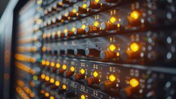 Close-up view of illuminated server rack showcasing active equipment in a data center photo