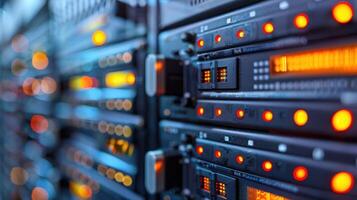 Close-up view of illuminated server racks in a data center with blurred background activity photo