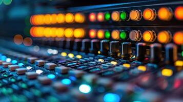 Close-up view of a vibrant audio mixing console with illuminated buttons and knobs photo