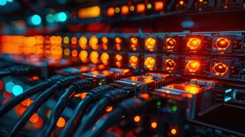 Close-up of illuminated server racks with glowing lights and tangled cables in a data center photo