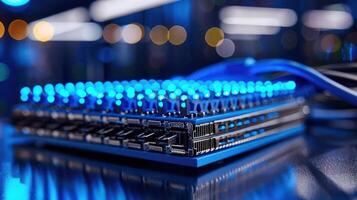 Close-up of a modern server with illuminated blue lights in a high-tech data center environment photo