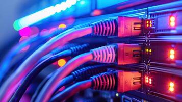 Close-up of network cables connecting to servers, illuminated by vibrant LED lights in a data center photo