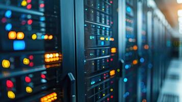 A close-up view of illuminated server racks in a modern data center with vibrant lights photo
