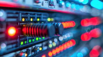 Close-up view of illuminated server rack components showcasing vibrant lights and controls photo
