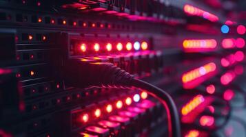 Close-up of illuminated server rack with vibrant lights, showcasing technology in a data center photo