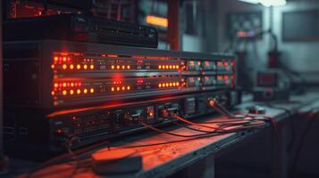 High-tech server equipment with glowing lights in a dimly lit control room setting photo