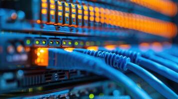 Close-up of network cables connected to a server, glowing lights, showcasing technology in action photo