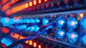 Close-up of illuminated circuit board with colorful LED lights and cables, showcasing technology in action photo