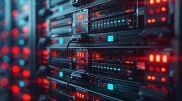 Close-up view of a modern data center server rack with vibrant LED indicators and cables photo