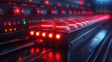 Close-up view of illuminated control panels in a futuristic server room with vibrant lights photo