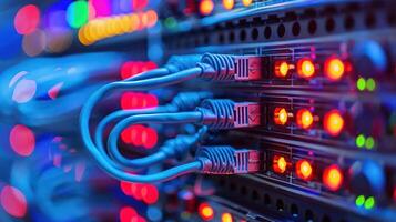 Close-up of network server with illuminated ports and cables in a vibrant data center environment photo
