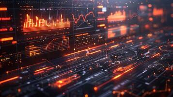 Futuristic data visualization interface with glowing graphs and analytics in a tech environment photo