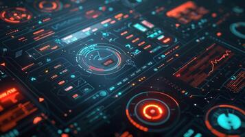 Futuristic digital dashboard interface displaying various data metrics and analytics photo