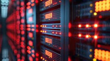 High-tech server room with illuminated racks, showcasing data processing and connectivity photo