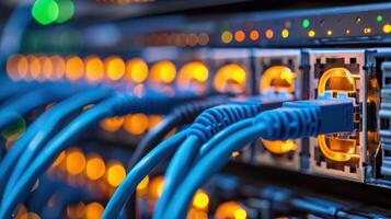 Close-up of illuminated network cables connected to a server with glowing indicators in a data center photo