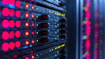 Close-up of illuminated server racks in a data center showcasing vibrant LEDs and technology photo