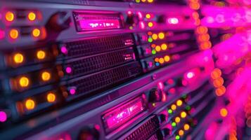 Close-up view of vibrant server racks illuminated by colorful LED lights in a data center photo