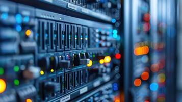 Close-up of server rack with illuminated controls and blurred background lights in data center photo