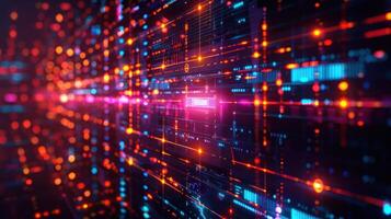 Abstract digital landscape with glowing lines and dots representing data flow in technology photo