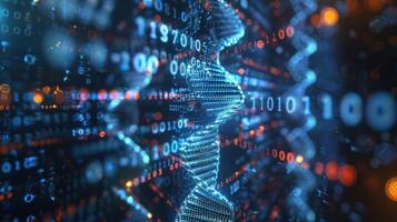 Abstract representation of digital data flowing through a DNA helix structure, showcasing technology photo