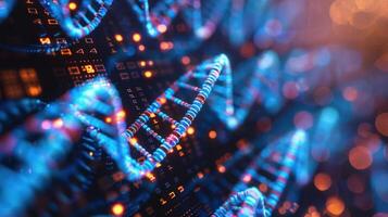 Vibrant close-up of a DNA double helix with glowing data elements in a futuristic setting photo