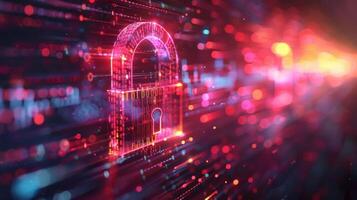 Abstract digital representation of a secure padlock symbolizing cybersecurity amidst vibrant data streams photo