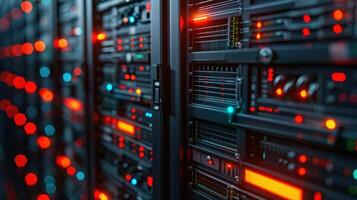 Close-up view of server racks illuminated by colorful lights in a data center environment photo