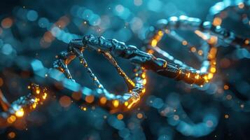 Close-up view of a glowing DNA double helix structure with bokeh effects in a scientific background photo
