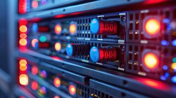 Close-up view of illuminated server rack with colorful lights in a data center environment photo